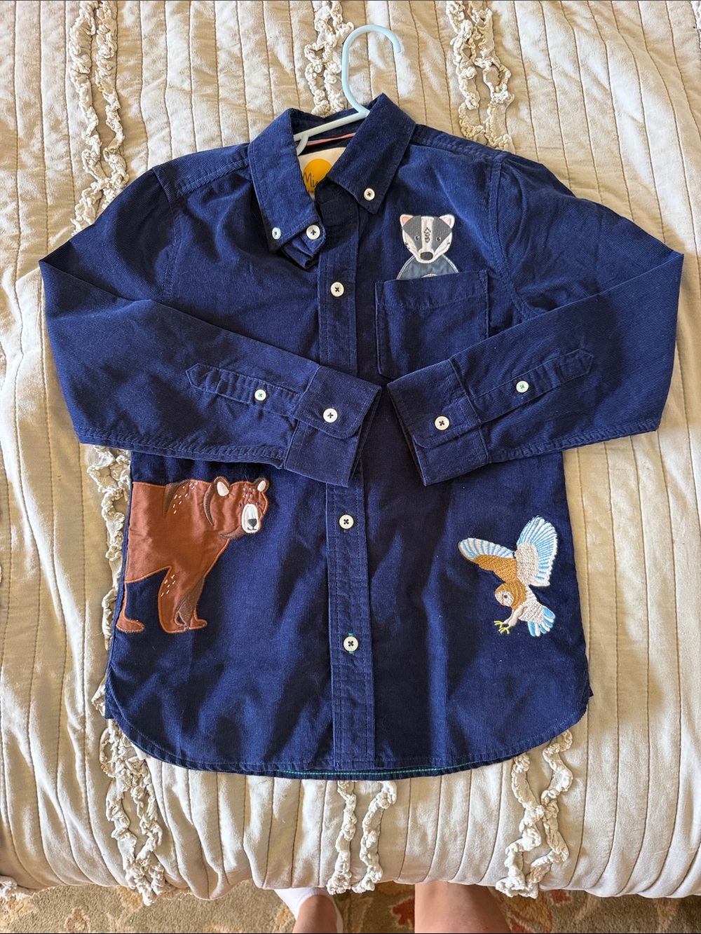 Mini Boden Navy Button-Up Shirt with Forest Animal Appliqués